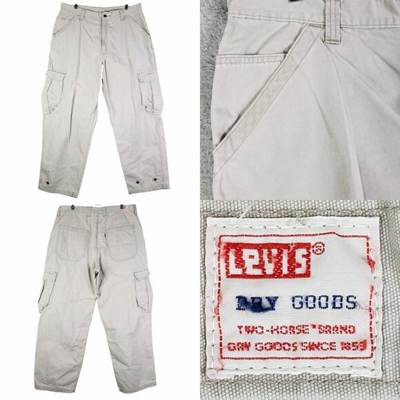Levis Men's Cargo Pants Size 38x32 Canvas Khaki Straight Leg Cotton Pocket Vtg - Picture 1 of 13